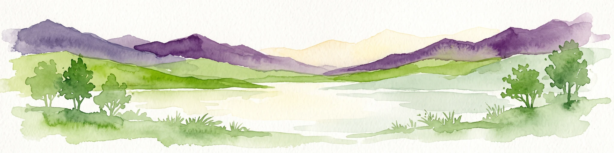 A horizontal watercolor illustration depicting a lake framed by green rolling hills and distant purple mountain ridges.