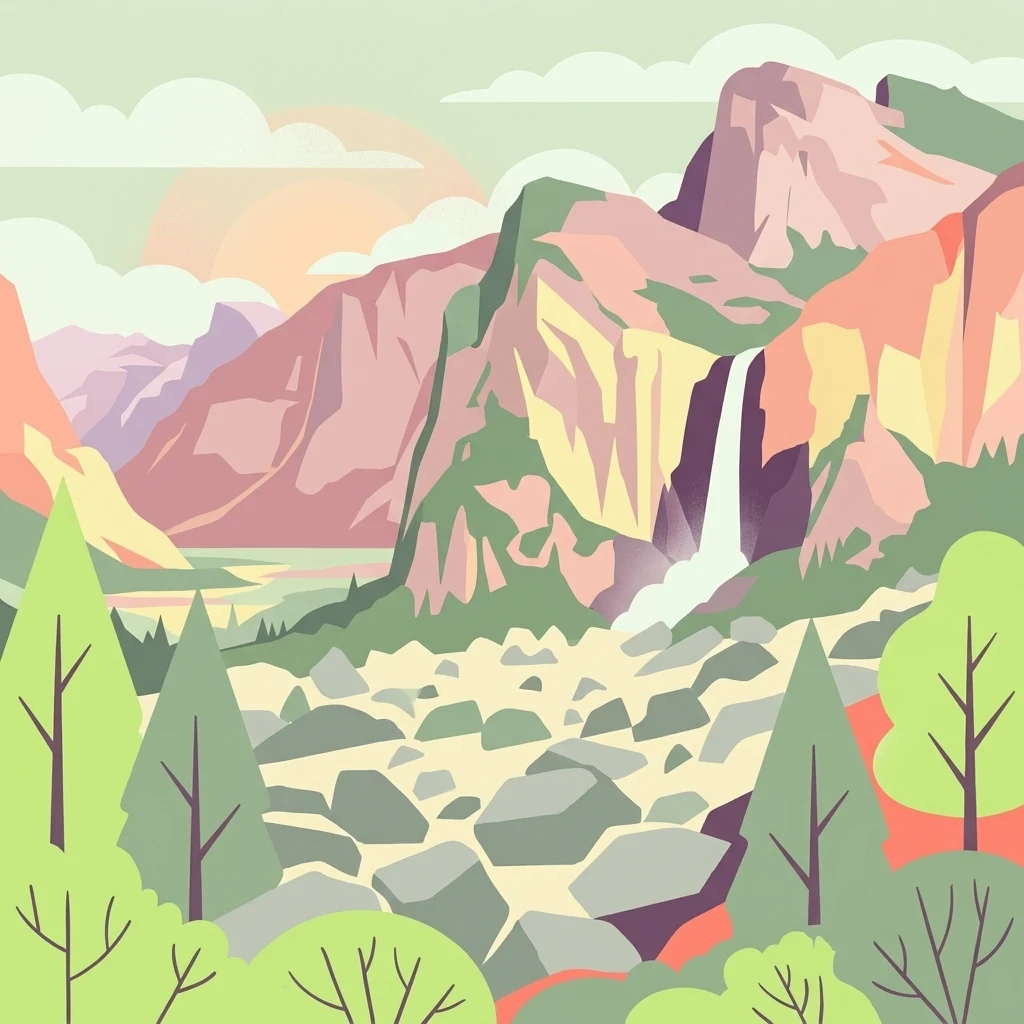 Una vibrante ilustración digital de estilo plano de un valle con campos de escombros rocosos, una cascada central y árboles estilizados bajo un cielo suave y de tonos claros.