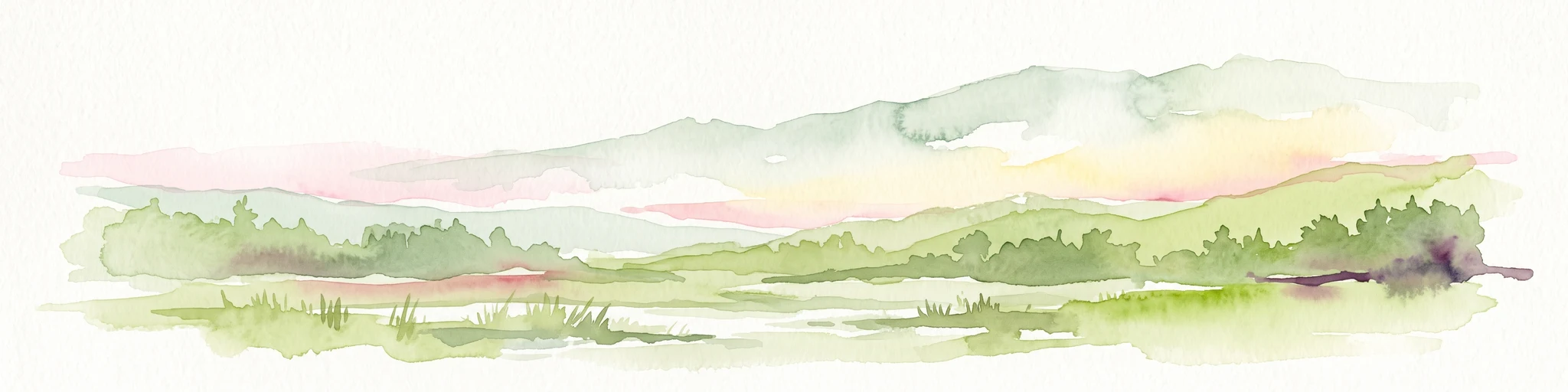 Soft watercolor painting of layered green hills and distant mountain ranges with a hazy, light-filled sky.