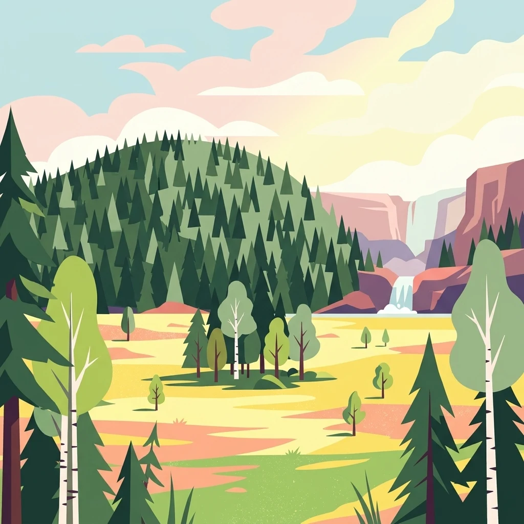 A flat-style vector illustration showing a mountain scene with a dense pine forest, a waterfall cascading down rocky cliffs, and scattered birch trees in a meadow.