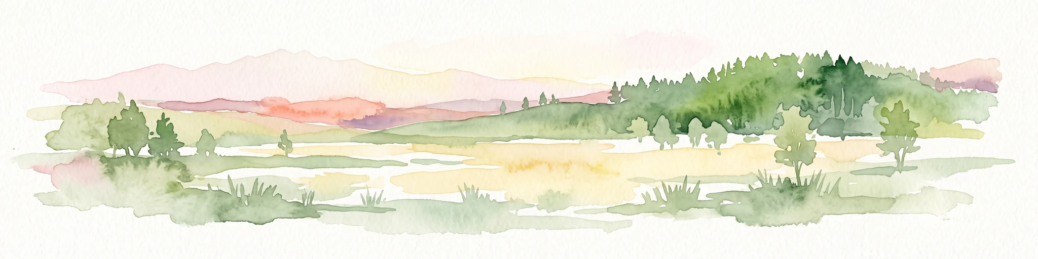 A horizontal watercolor painting showing a meadow-like bog landscape with light green and yellow ground cover, scattered small trees, and a background of rolling hills and forested ridges in shades of green and soft pink.