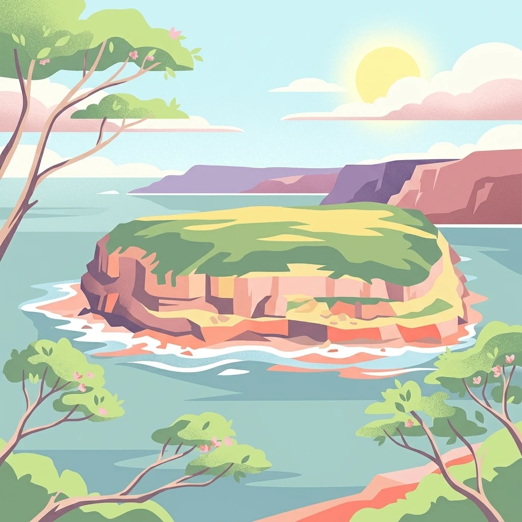 Una ilustración de una pequeña isla con vegetación verde y acantilados rocosos rodeada por el océano, vista desde una perspectiva ligeramente elevada con árboles en primer plano y un sol cálido en el cielo.