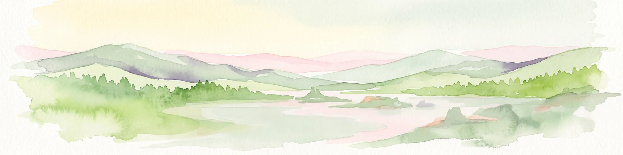 A soft watercolor painting of a serene coastal scene with rolling green hills in the distance, a calm body of water in the middle ground, and small rocky islands.