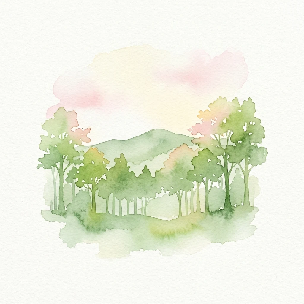 Watercolor painting showing green trees and mountains in a forest landscape