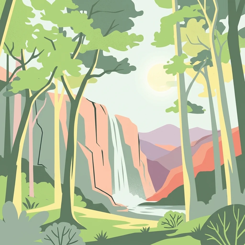 Ilustración de un bosque con árboles y una cascada que desemboca en un arroyo, con montañas al fondo