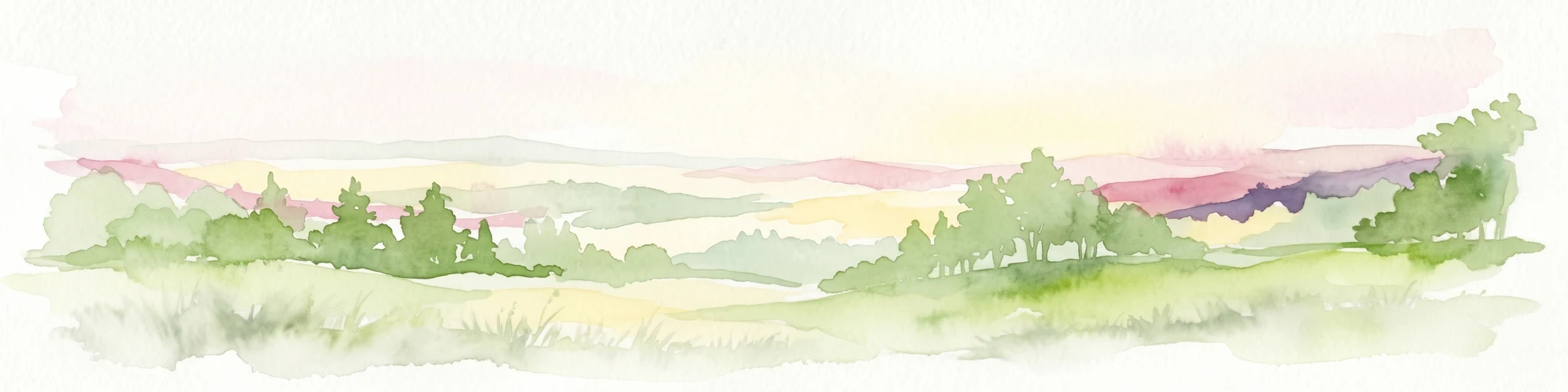 Watercolor illustration showing a landscape with grassy areas, trees, and distant mountains under a pinkish sky