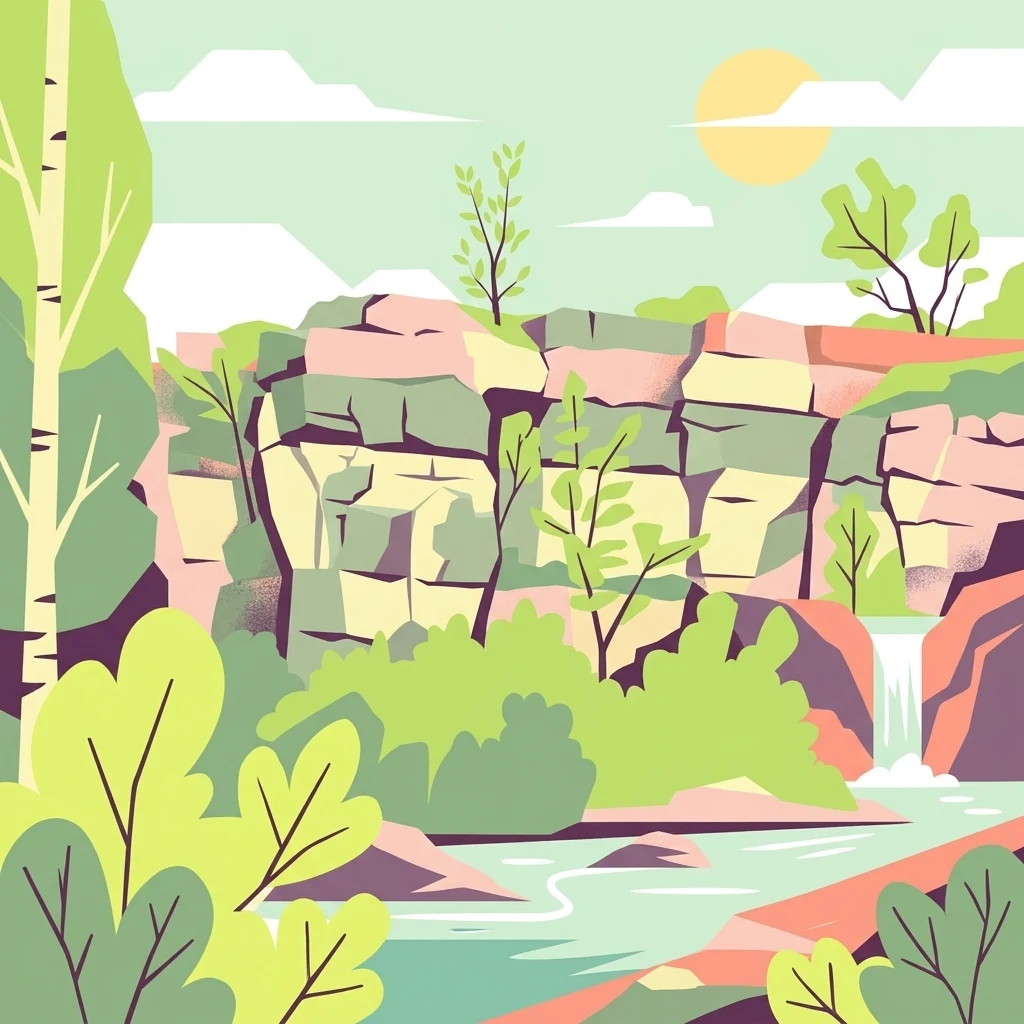 A flat vector illustration of a rocky cliff landscape with a small waterfall flowing into a stream, surrounded by lush green trees and foliage under a bright sun.