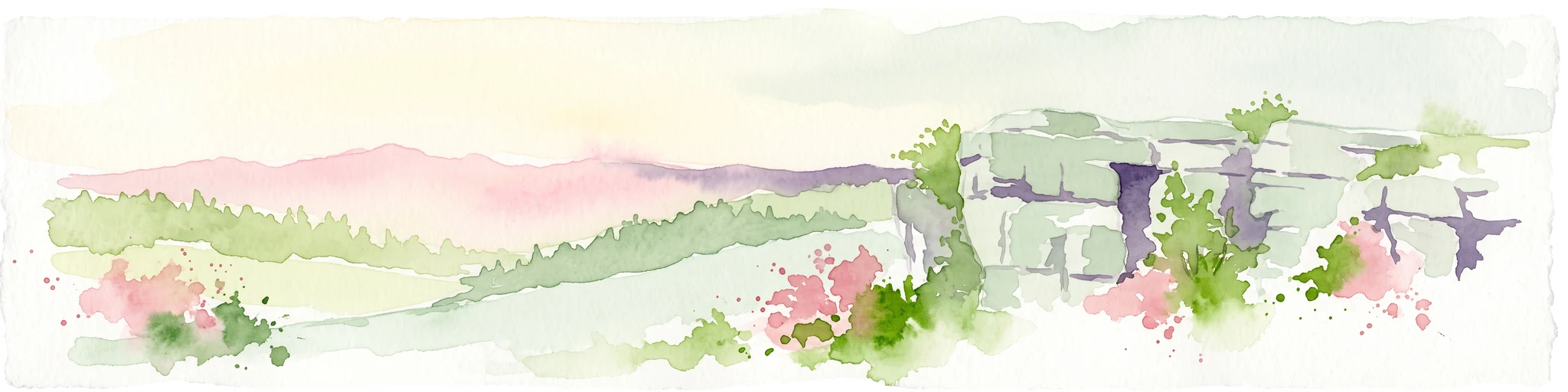 A soft watercolor illustration depicting a panoramic landscape with rolling green hills, distant pink-hued mountains, and a rocky outcrop in the foreground.