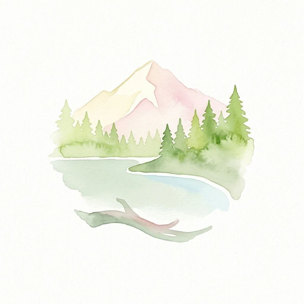 Watercolor illustration of a mountain with pink and yellow peaks, a lake, and green coniferous trees