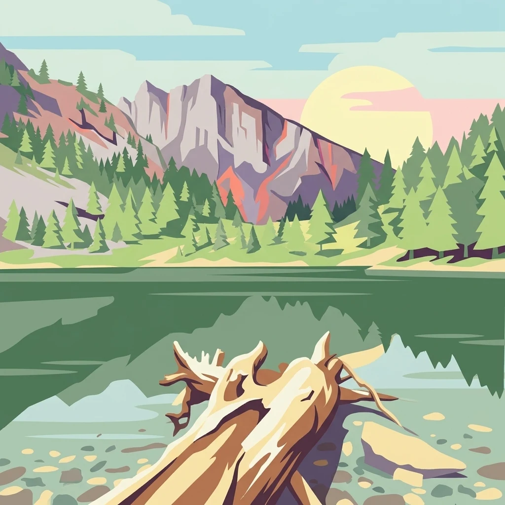 Ilustración estilizada de un lago de montaña con pinos, un tronco caído y el sol poniéndose.