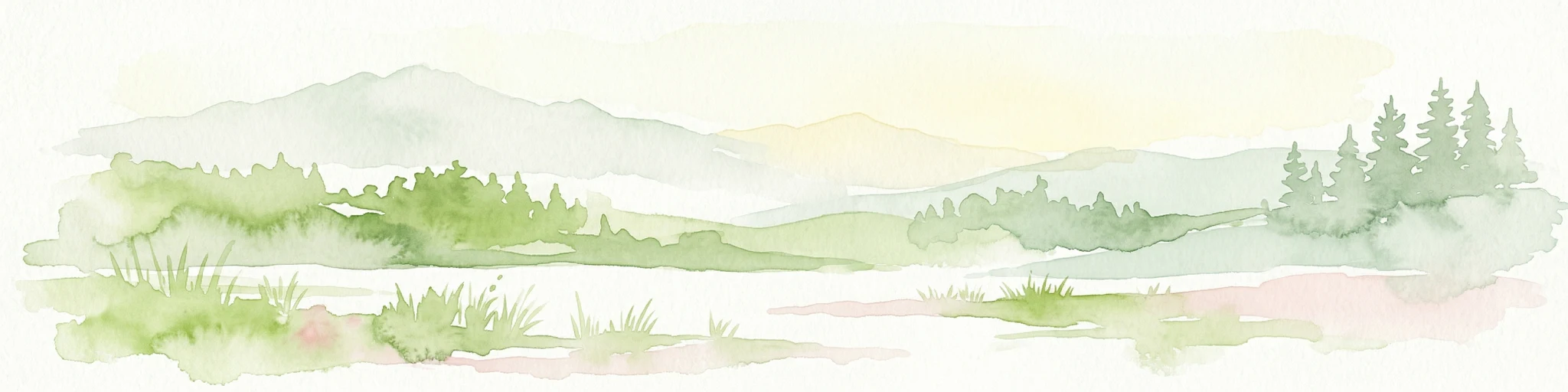 Watercolor painting of green mountains, forests, and fields under a light sky