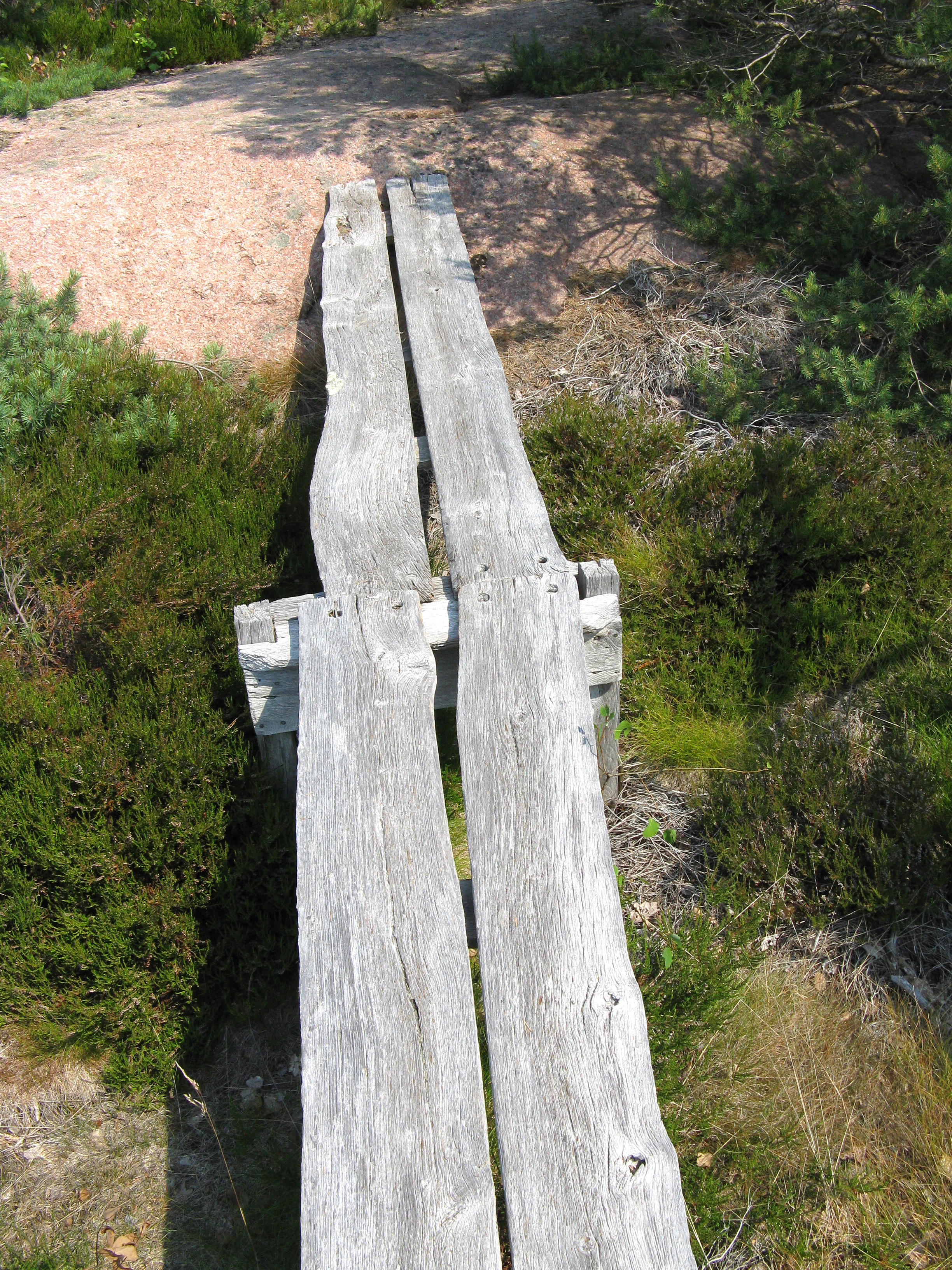 Weathered wooden planks forming a narrow trail surrounded by green shrubs and rocky terrain