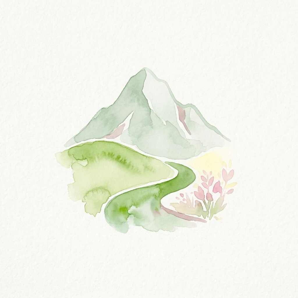 Ilustración acuarela de una montaña con un sendero sinuoso a través de campos verdes y flores rosas