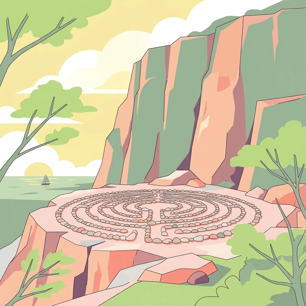 Ilustración que muestra un laberinto de piedra en un acantilado rocoso con vistas al agua, con árboles y un velero al fondo
