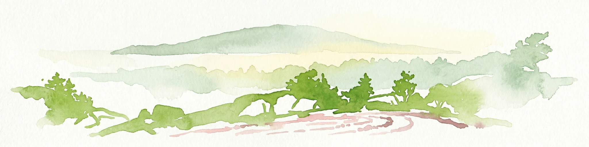 Ilustración en acuarela de una cordillera con árboles y un sendero sinuoso