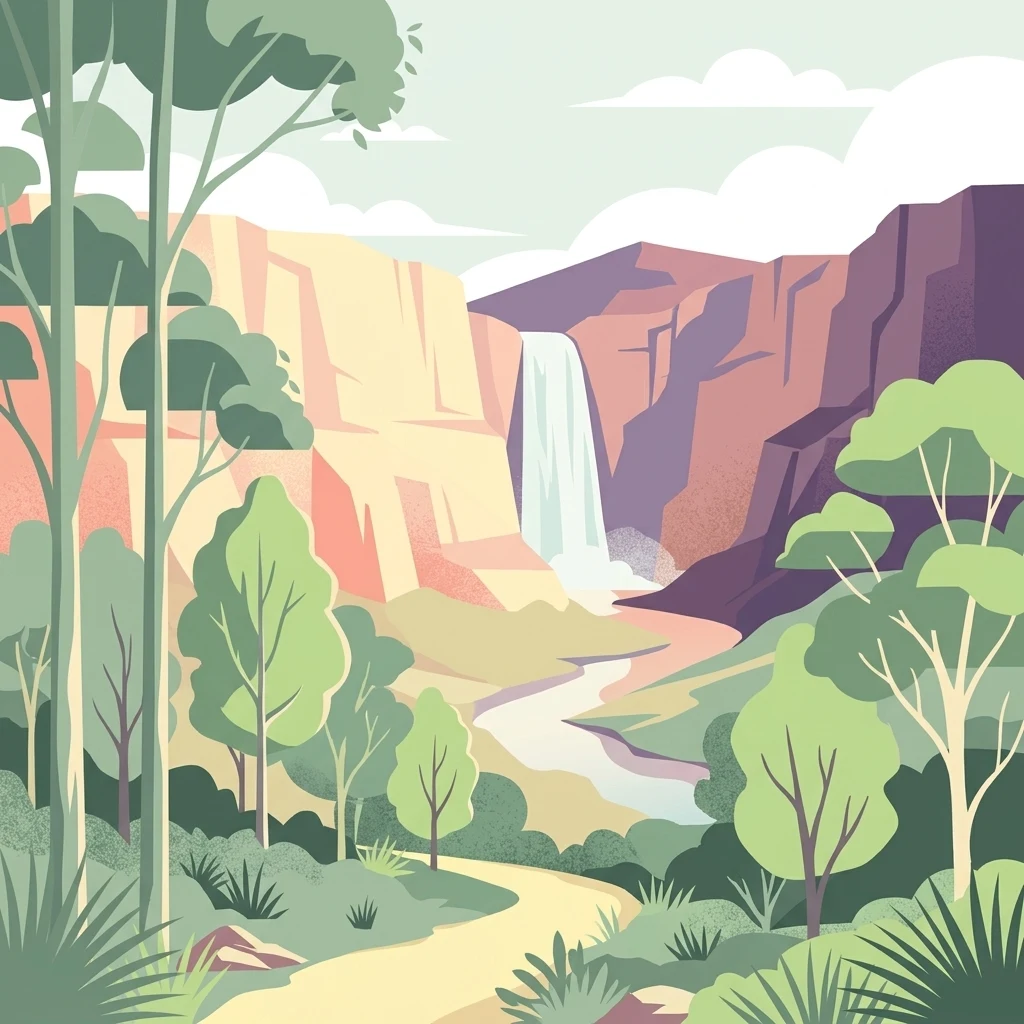 Una ilustración digital de estilo plano que representa una cascada que cae desde acantilados rocosos hacia un río serpenteante, rodeada de árboles y arbustos de estilo eucalipto.