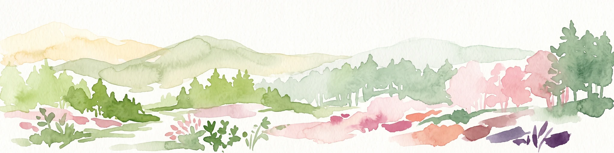 Una pintura horizontal en acuarela que muestra colinas verdes onduladas y un bosque con tonos suaves de rosa y verde.