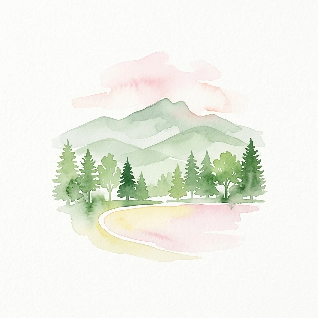 Watercolor illustration of a forested mountain landscape with green trees, a winding path, and pink-tinged sky