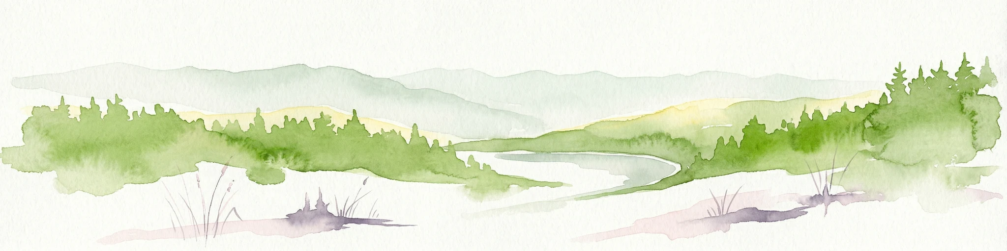 Watercolor depiction of a river flowing through a forested landscape with rolling mountains in the background