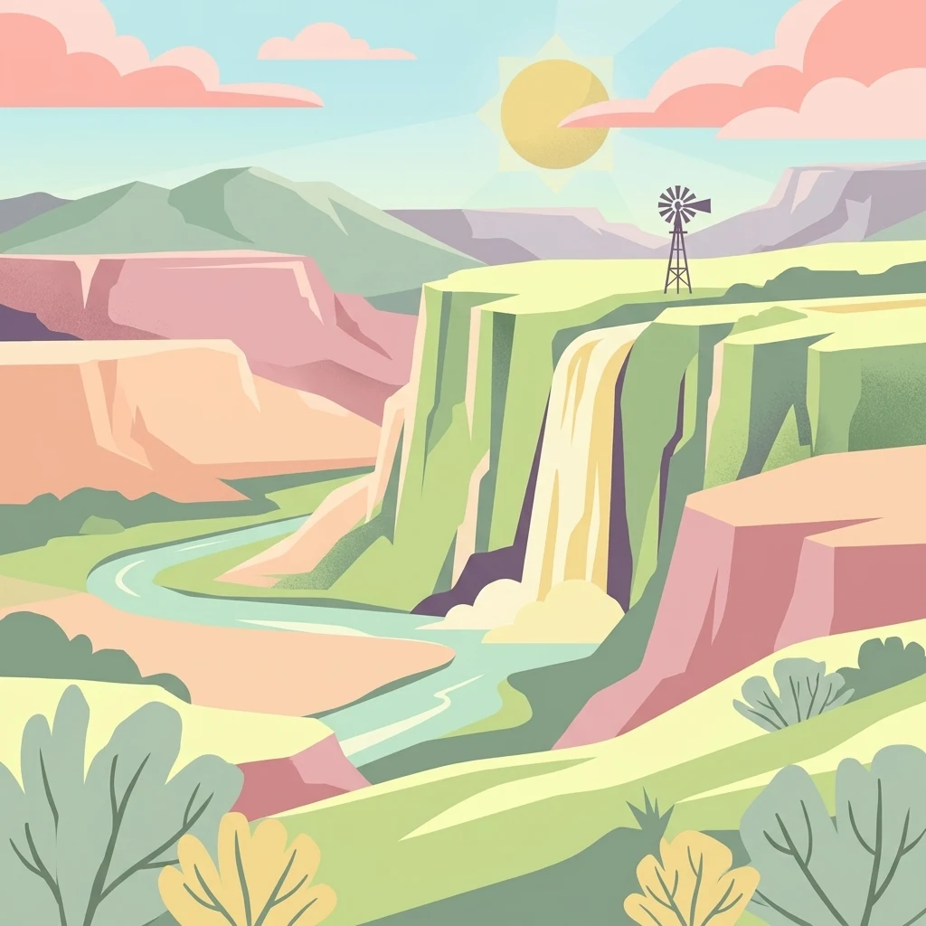 Una ilustración digital de estilo plano de un paisaje de cañón con un río, una cascada y un molino de viento en la cima de un acantilado bajo un cielo soleado.