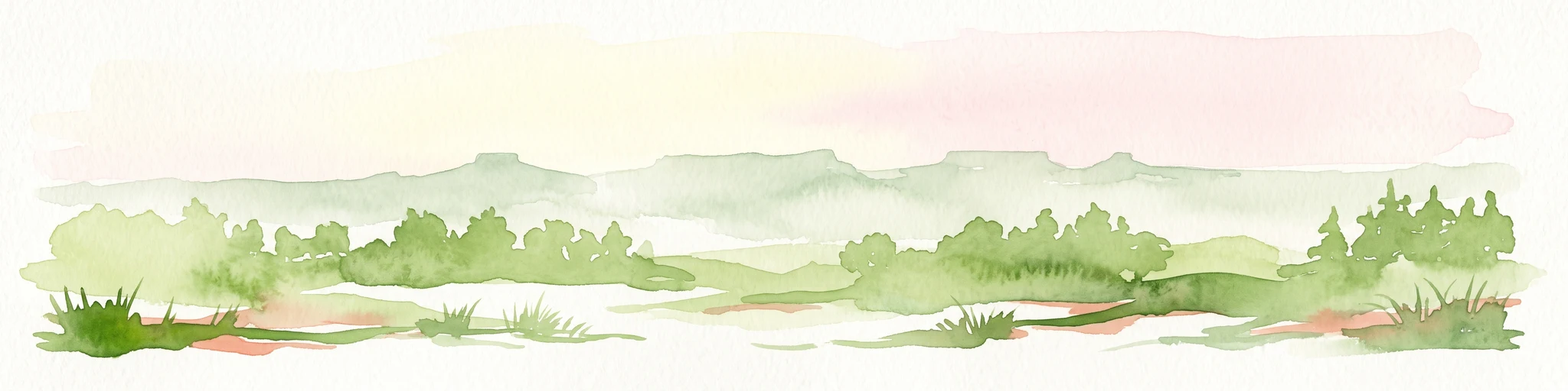 A horizontal watercolor painting depicting a soft-toned, misty prairie landscape with rolling green hills, patches of tall grass, and distant hazy ridgelines under a pale sky.