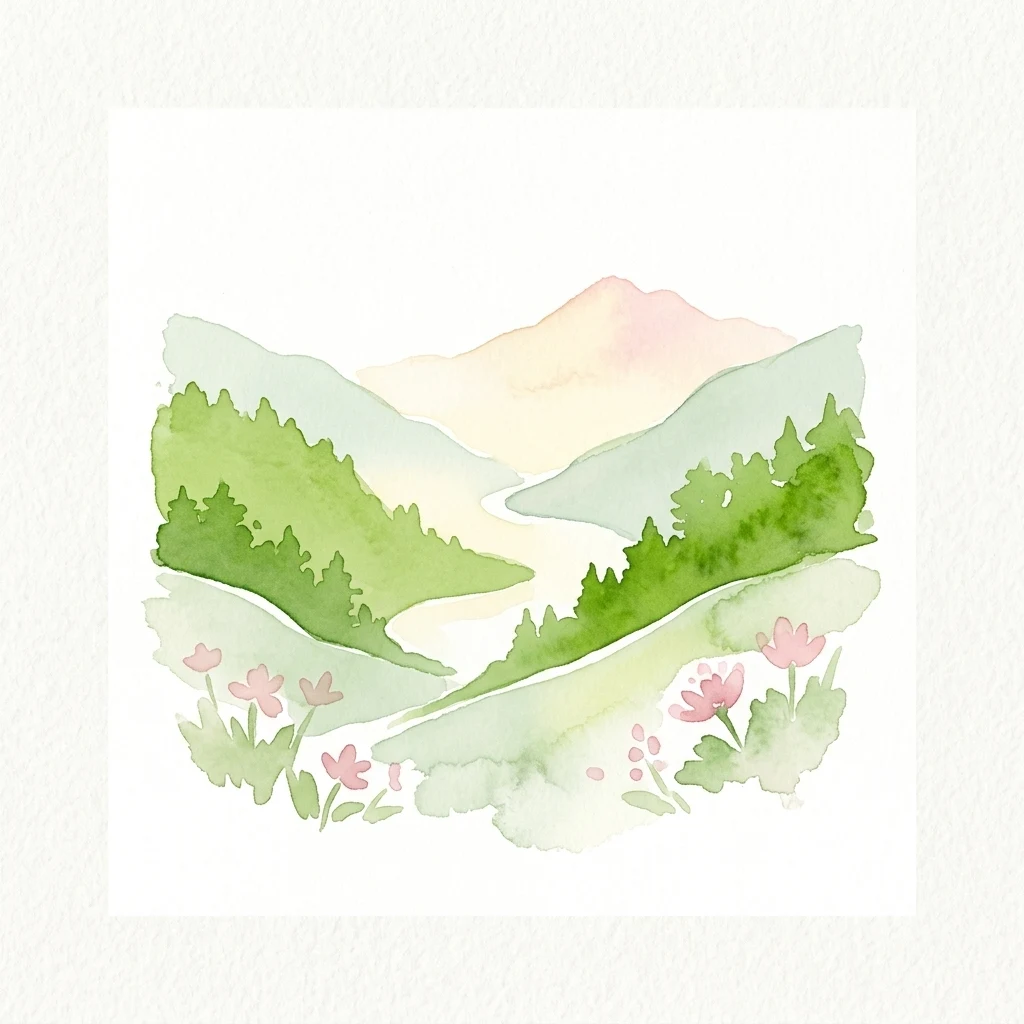 Watercolor painting of a landscape featuring a winding river through a valley, surrounded by green hills and mountains, with pink flowers in the foreground