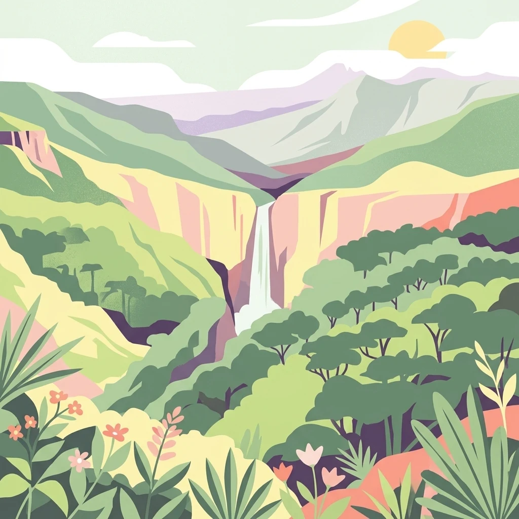 Ilustración de una cascada rodeada de montañas verdes y vegetación
