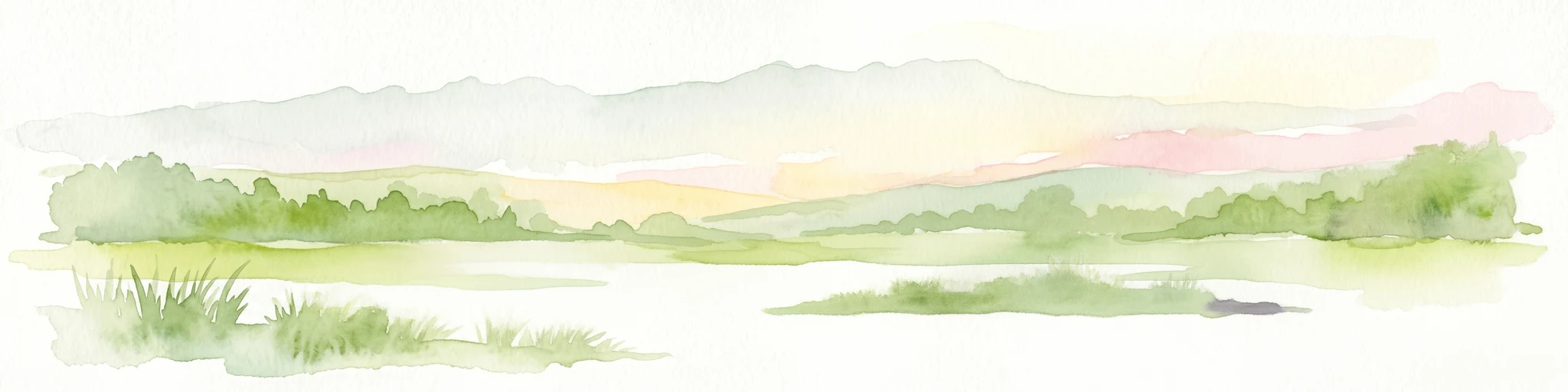 Watercolor painting showing mountains in the distance, a body of water, and green vegetation in the foreground