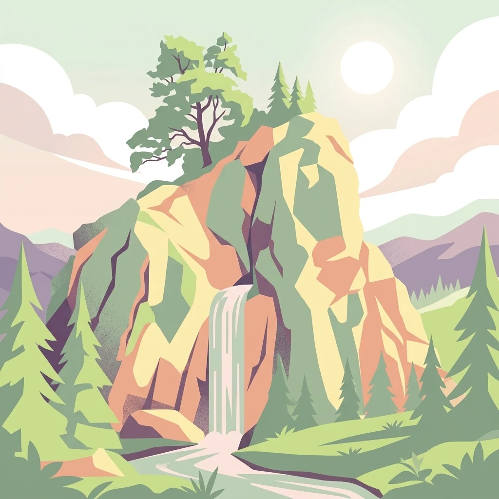 Una ilustración digital estilizada de un prominente acantilado rocoso con una cascada vertical, rodeado de pinos y colinas onduladas a lo lejos bajo un sol brillante.