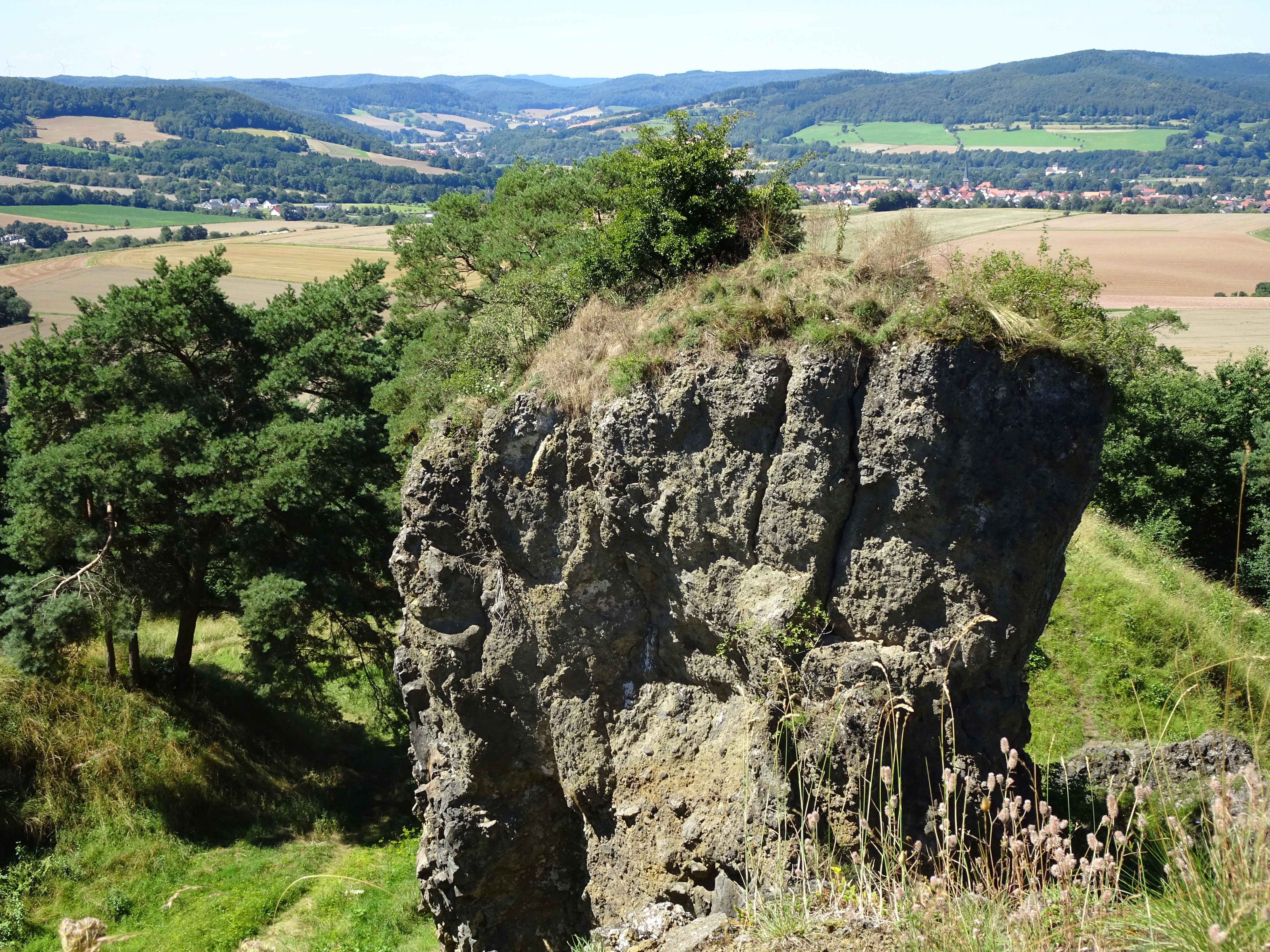 A large, weathered volcanic basalt rock column stands in the foreground, with green vegetation on top. The background features a sprawling view of agricultural fields, rolling hills, and a small town under a clear sky.