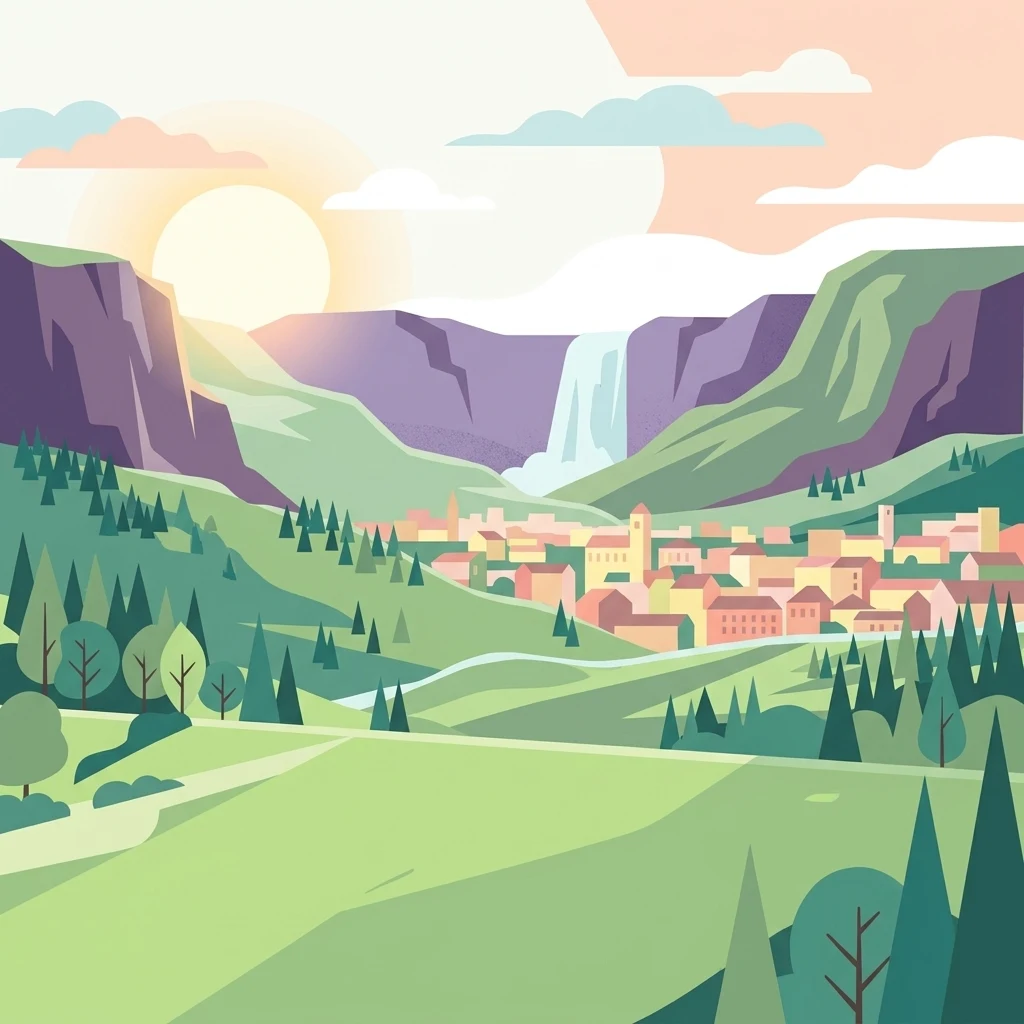 Una ilustración vectorial plana de un valle entre colinas verdes, con una cascada central, un pequeño pueblo con varios edificios y un sol naciente al fondo.
