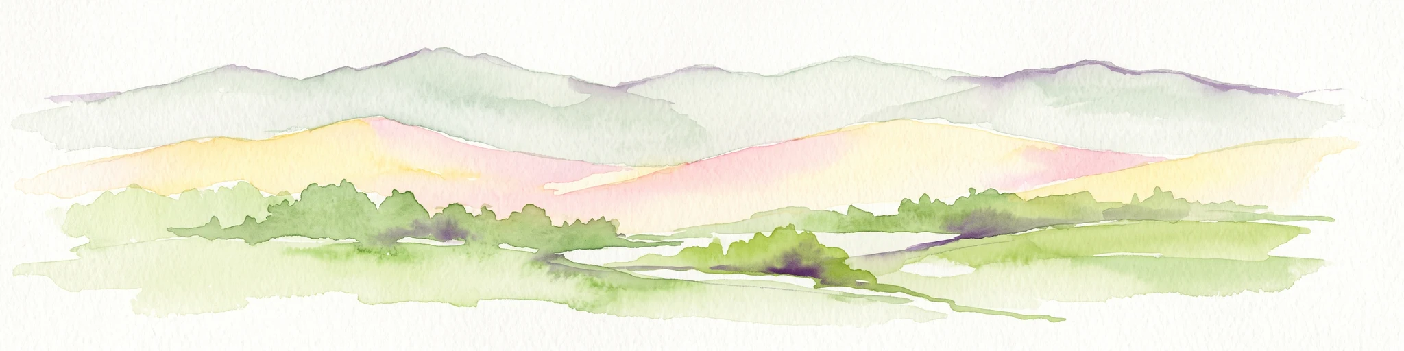 A soft watercolor illustration depicting layered green and pale pink rolling hills under a light sky.