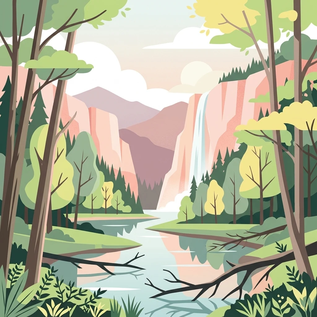 A flat-style digital illustration showing a river winding through a valley surrounded by tall cliffs and forests, with a waterfall in the distance.