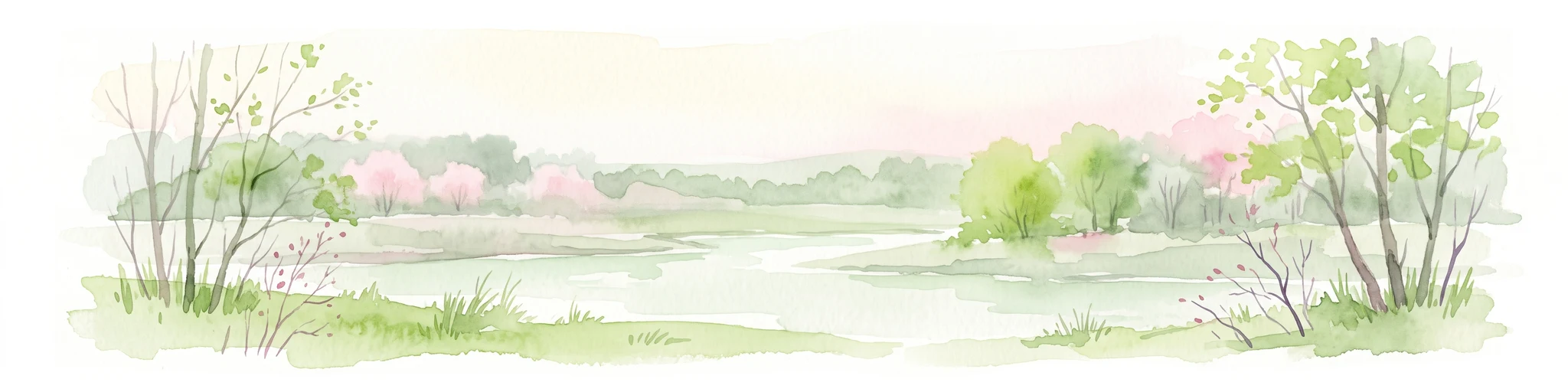 A soft watercolor illustration depicting a river flowing through a lush green floodplain with trees, grasses, and a hazy background.