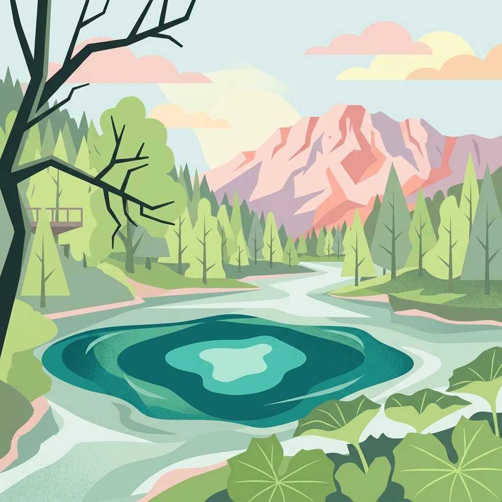 A flat-style digital illustration featuring a vibrant blue karst spring in the foreground, surrounded by green trees, a small wooden viewing platform to the left, and pinkish-toned mountains in the distance.