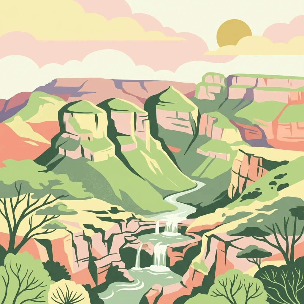 A stylized, colorful illustration of the Blyde River Canyon featuring the Three Rondavels, a winding river with tiered waterfalls, and acacia-like trees under a soft, sunset sky.