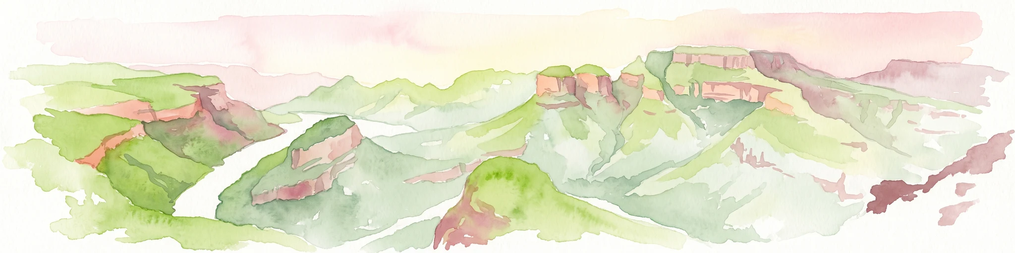 A horizontal watercolor painting depicting the Blyde River Canyon with green slopes, reddish cliff faces, and a winding river.