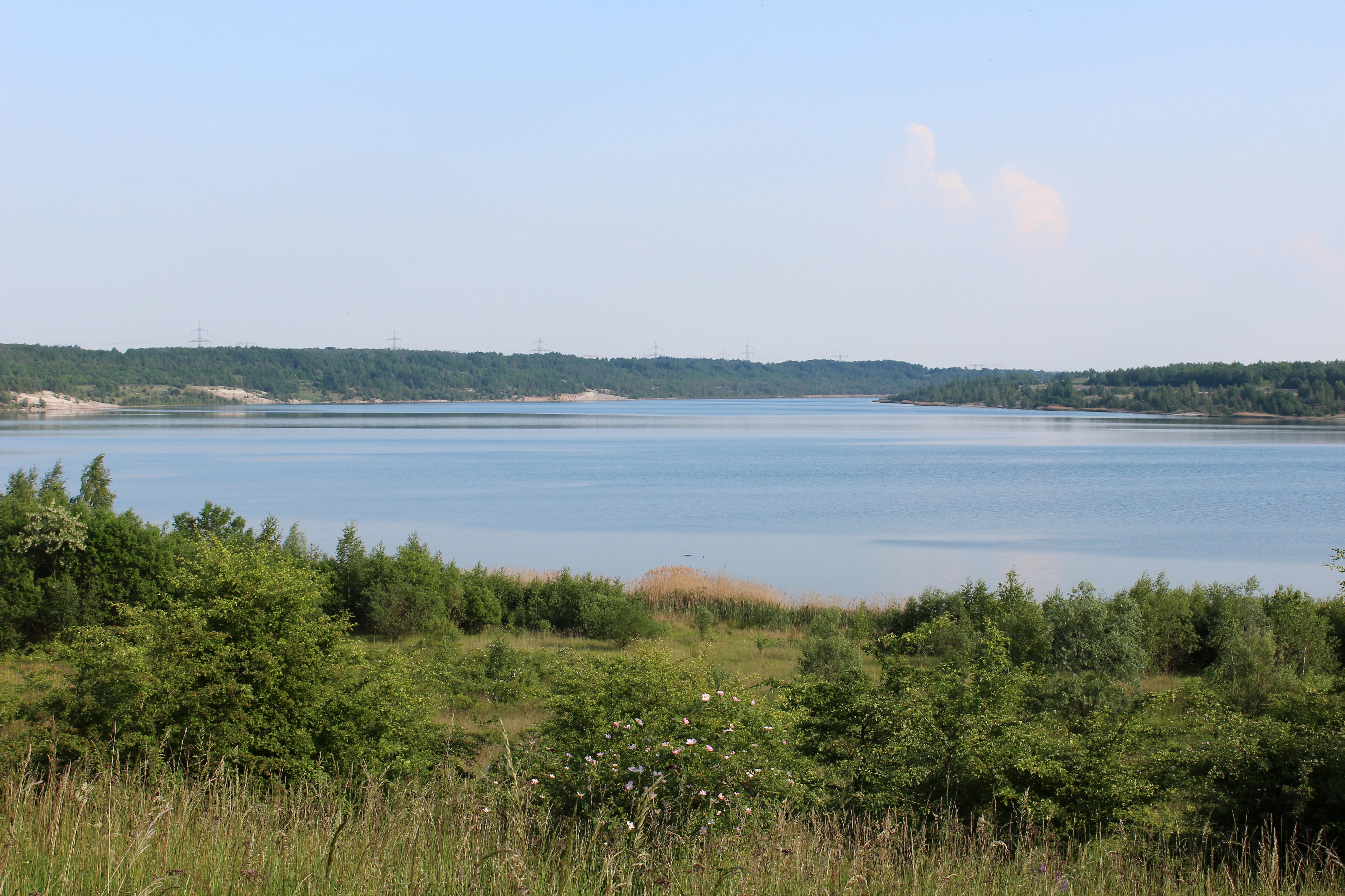 A wide, eye-level shot of a large, calm lake surrounded by low, forested hills under a clear, light-blue sky.