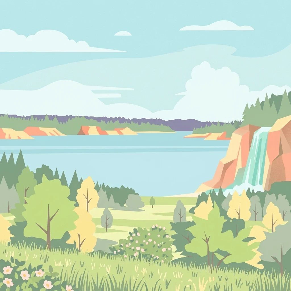 A flat-style digital illustration depicting a calm blue lake surrounded by green forests and rolling hills, with a small waterfall cascading down a cliff face on the right.