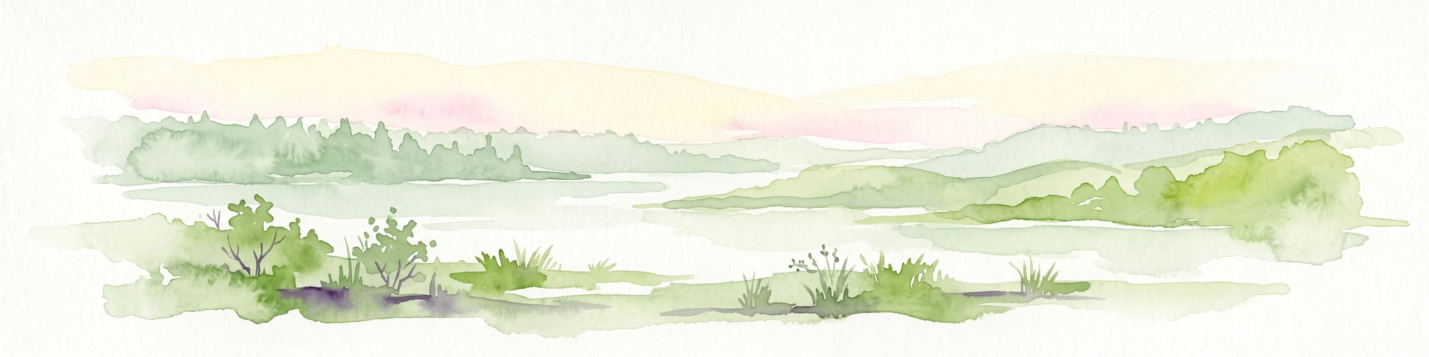 A horizontal watercolor painting showing a tranquil lake with soft green hills and sparse vegetation along the shoreline under a pale, warm sky.