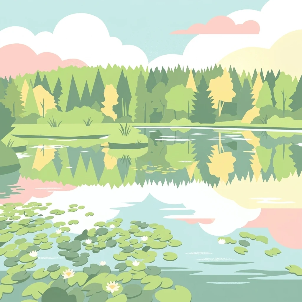 A flat-style digital illustration showing a calm lake with water lilies in the foreground, reflecting a forest and soft-colored clouds in the background.