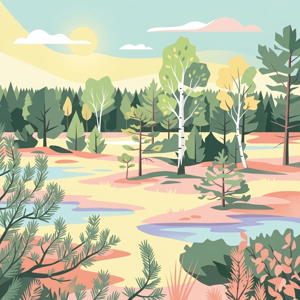 An illustration of a marshy wetland with pools of water, sparse trees, and a sunlit horizon.
