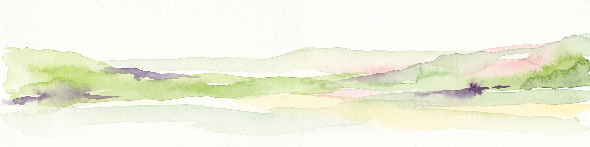 A minimalist watercolor painting showing layers of rolling hills in soft green, purple, and pale yellow tones against a white background.