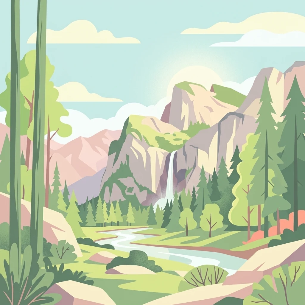 An illustrative digital artwork of a mountain landscape featuring a winding river, a central waterfall, and surrounding coniferous forest under a soft sky.