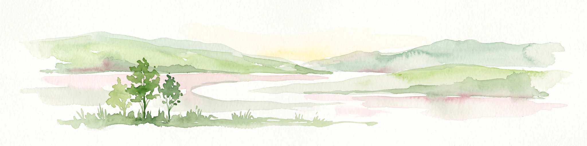 A minimalist watercolor illustration depicting green rolling hills, a cluster of trees in the foreground, and a body of water under a pale sky.