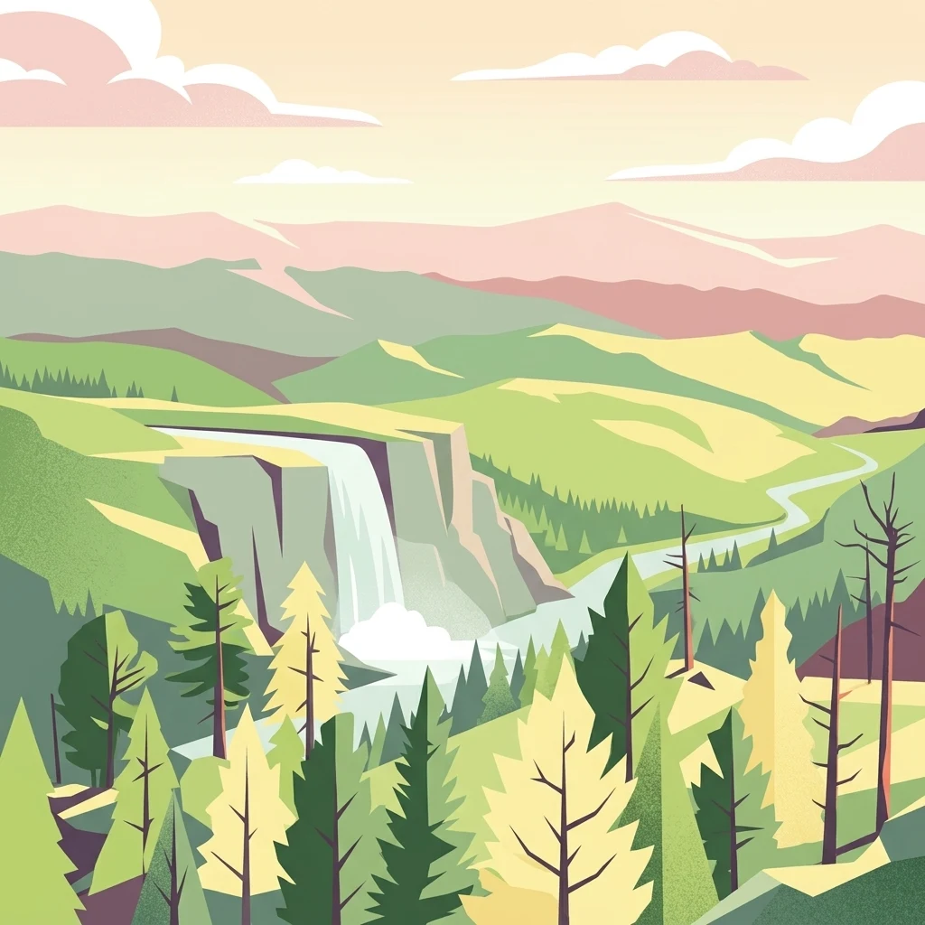 Una ilustración vectorial estilizada de un valle montañoso boscoso con una cascada que se precipita por un acantilado hasta un río.