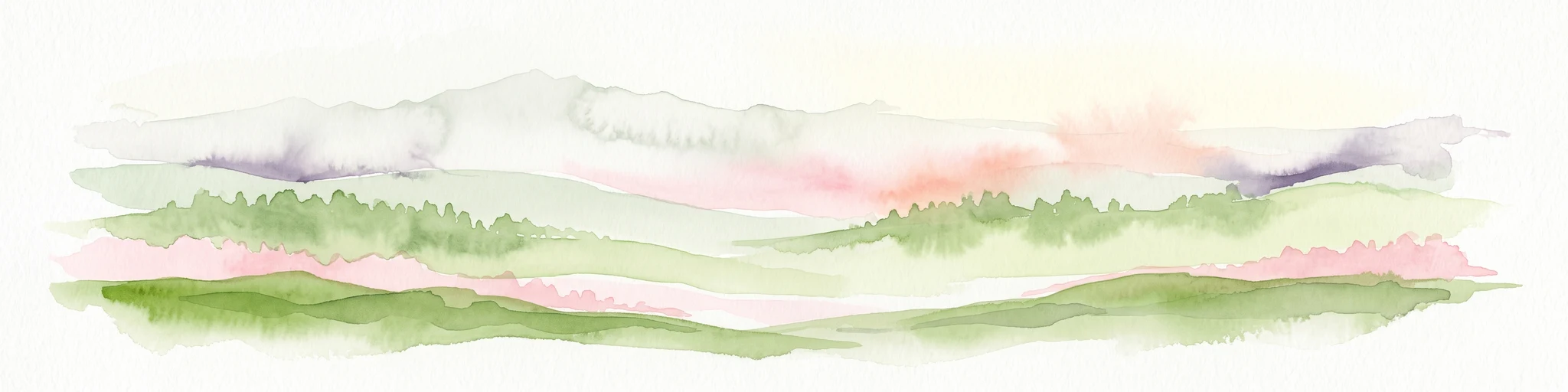 A horizontal watercolor painting depicting a soft-toned mountain range with layered green hills and distant, hazy peaks in pastel pink and purple hues.