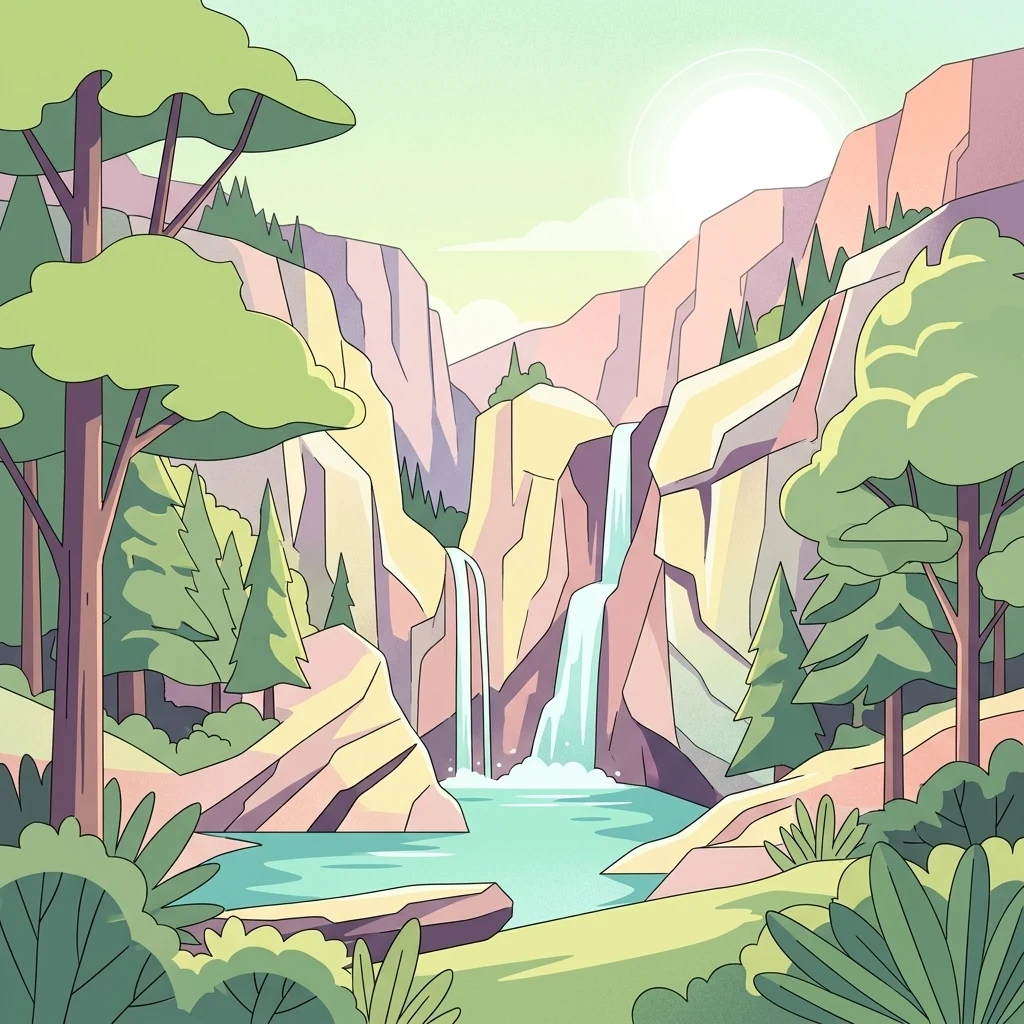 An illustrative vector style drawing of a double waterfall flowing into a blue pool, surrounded by cliffs, pine trees, and lush green vegetation under a bright sky.