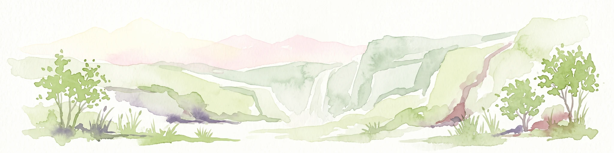 A pale, soft-hued watercolor illustration of a natural landscape featuring rolling hills, a small waterfall, and sparse trees on a white background.
