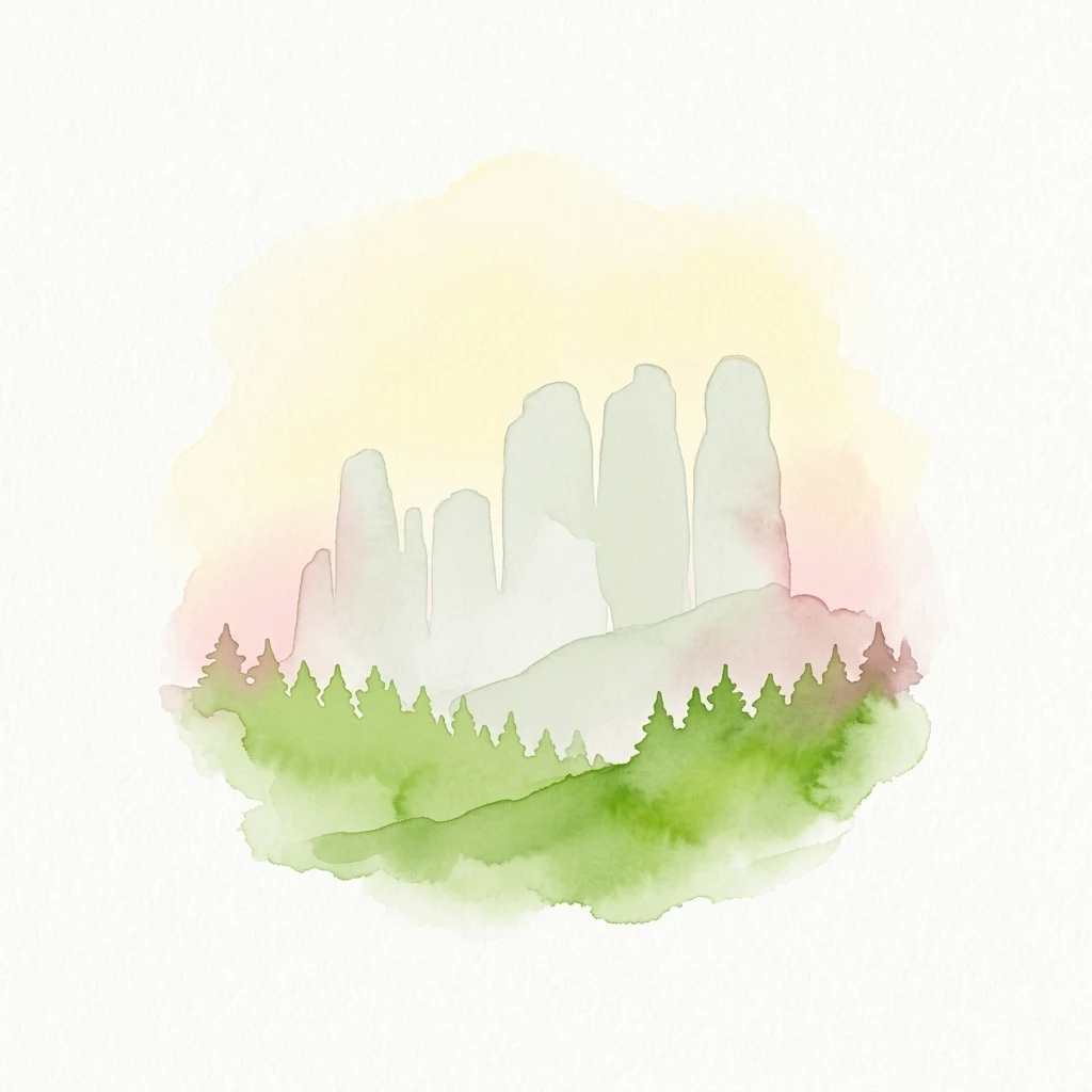 Watercolor painting showing sandstone rock formations and green forest under a soft pastel sky.